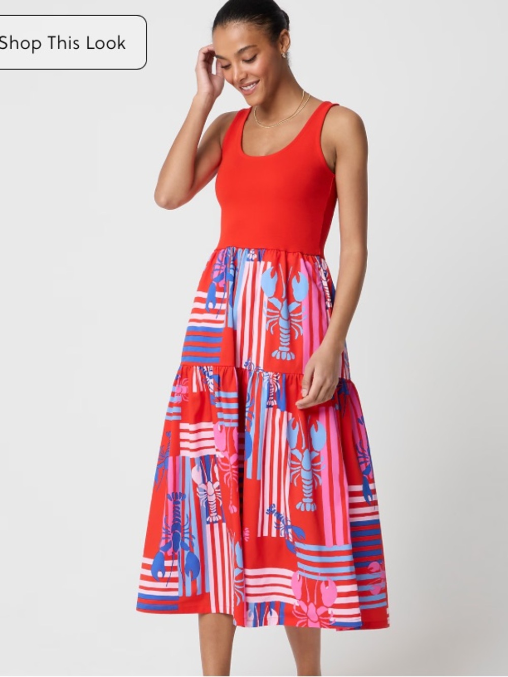 NWT J Crew Tiered mixed-media midi dress (red, pink and blue) size small